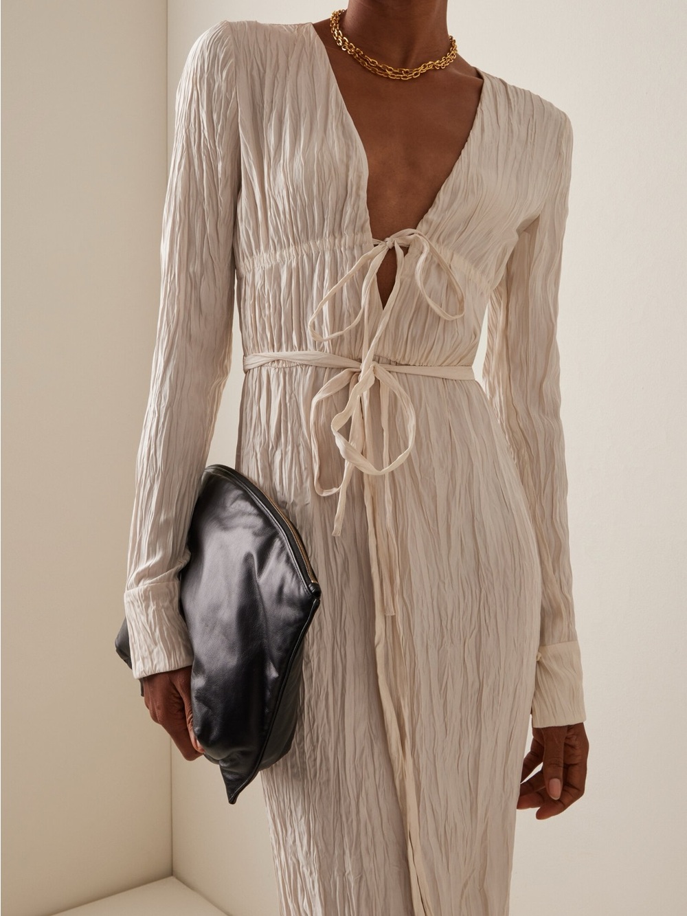 ALTUZARRA Carol Crinkled Satin Long Sleeve Midi Dress Beige FR 42 NWT